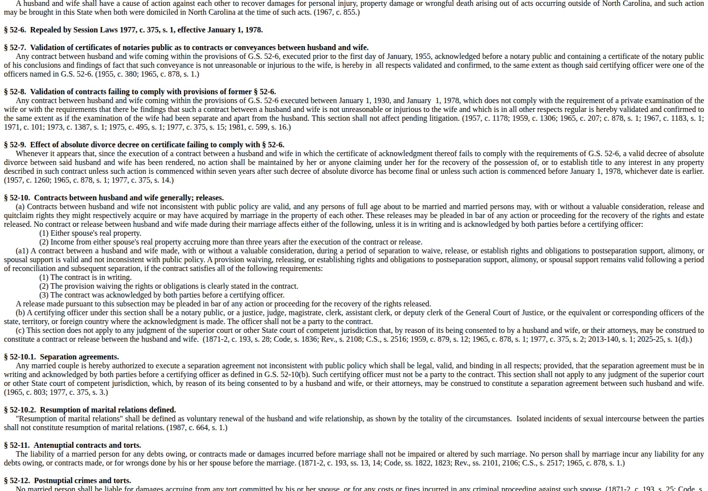 North Carolina statute section on separation agreements